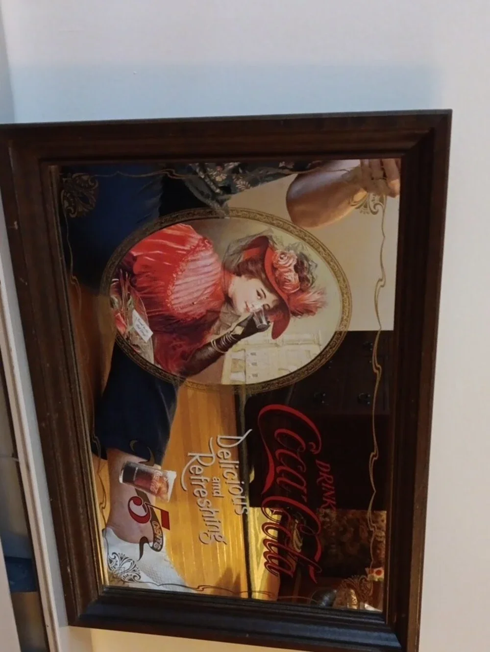 Coca-Cola Framed Advertising Mirror with Red and Gold Artwork